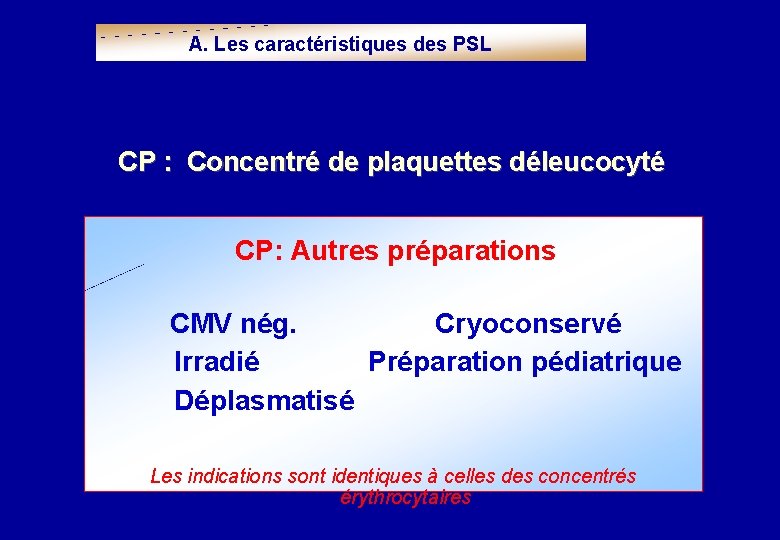 A. Les caractéristiques des PSL CP : Concentré de plaquettes déleucocyté CP: Autres préparations