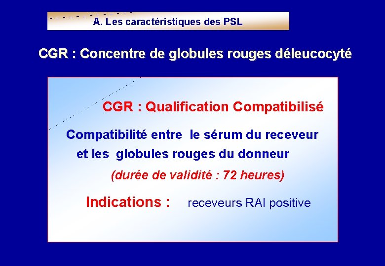 A. Les caractéristiques des PSL CGR : Concentre de globules rouges déleucocyté CGR :