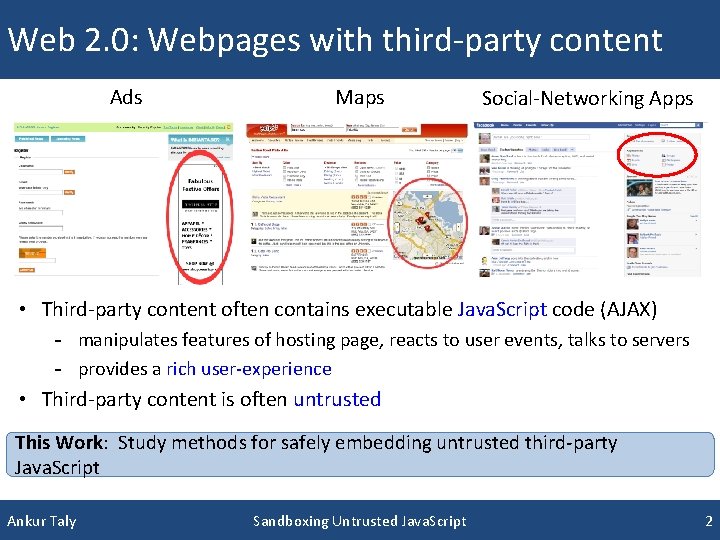 Web 2. 0: Webpages with third-party content Ads Maps Social-Networking Apps • Third-party content