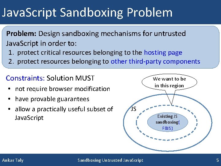 Java. Script Sandboxing Problem: Design sandboxing mechanisms for untrusted Java. Script in order to: