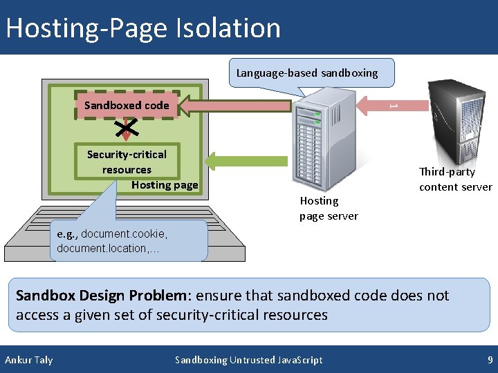 Hosting-Page Isolation Language-based sandboxing 1 Sandboxed code Security-critical resources Hosting page server Third-party content