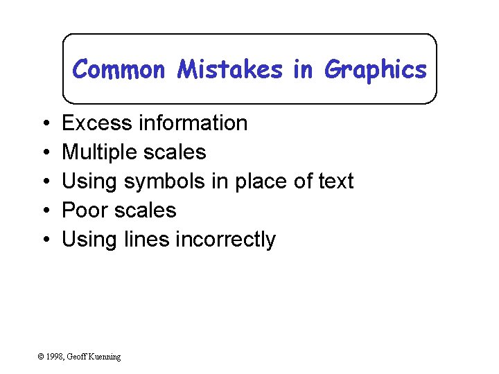 Common Mistakes in Graphics • • • Excess information Multiple scales Using symbols in
