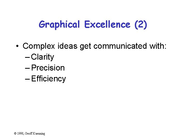Graphical Excellence (2) • Complex ideas get communicated with: – Clarity – Precision –