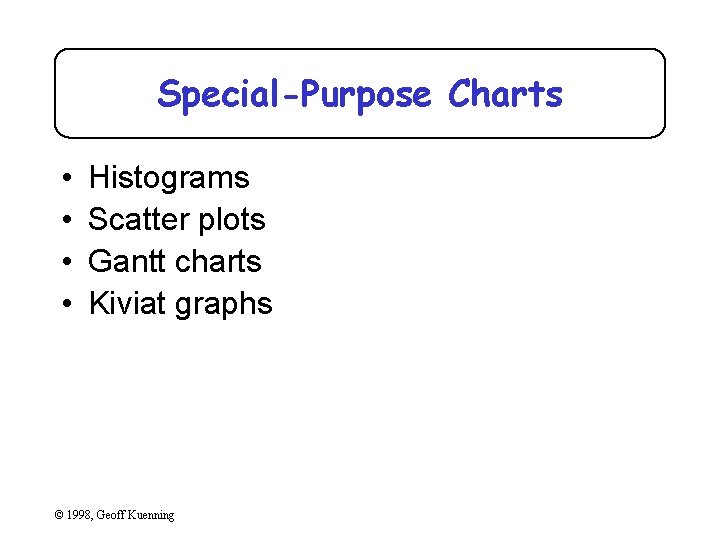Special-Purpose Charts • • Histograms Scatter plots Gantt charts Kiviat graphs © 1998, Geoff