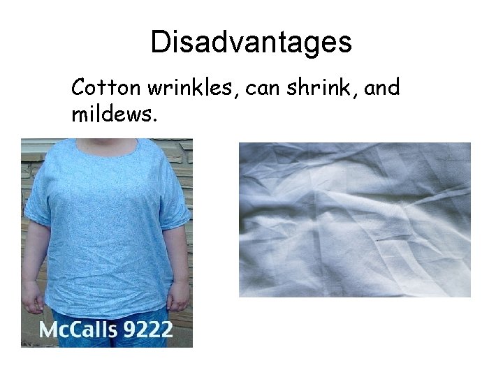 Disadvantages Cotton wrinkles, can shrink, and mildews. 