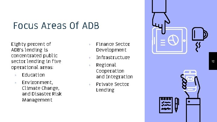 Focus Areas Of ADB Eighty percent of ADB’s lending is concentrated public sector lending