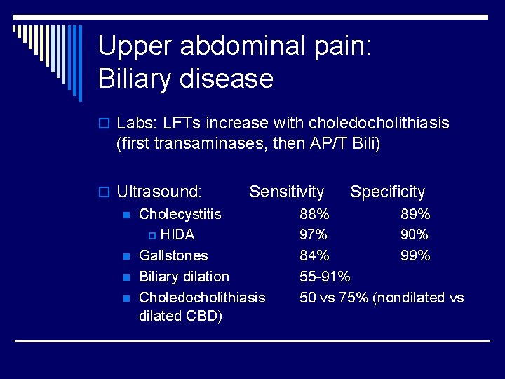 Upper abdominal pain: Biliary disease o Labs: LFTs increase with choledocholithiasis (first transaminases, then