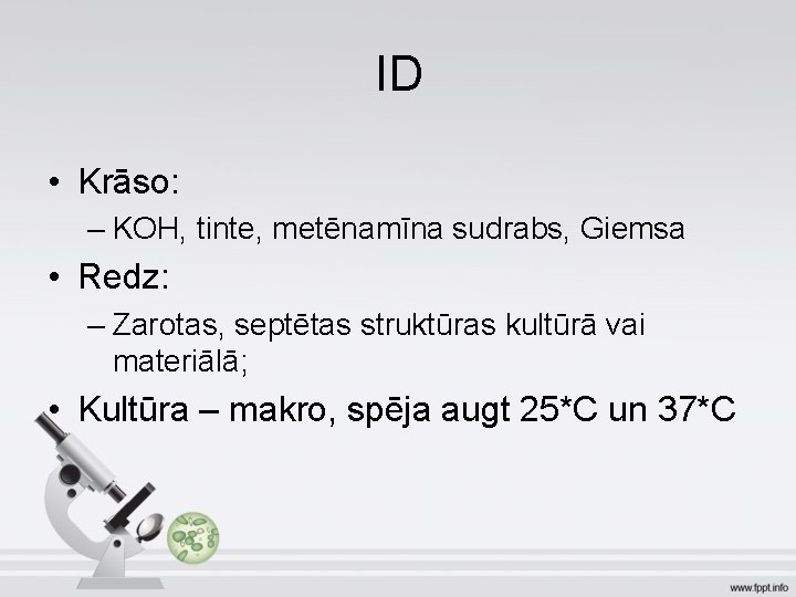 ID • Krāso: – KOH, tinte, metēnamīna sudrabs, Giemsa • Redz: – Zarotas, septētas