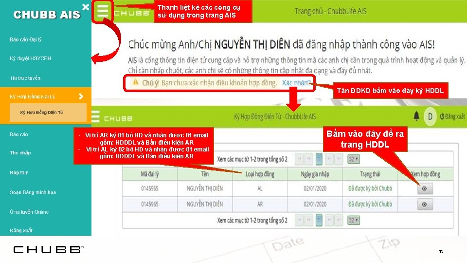 Thanh liệt kê các công cụ sử dụng trong trang AIS Tân ĐDKD bấm