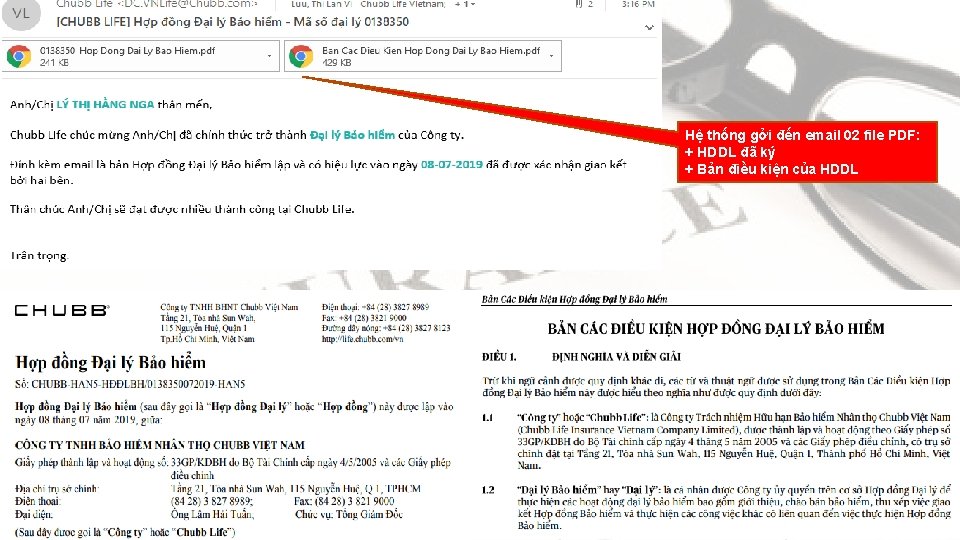 Hệ thống gởi đến email 02 file PDF: + HDDL đã ký + Bản
