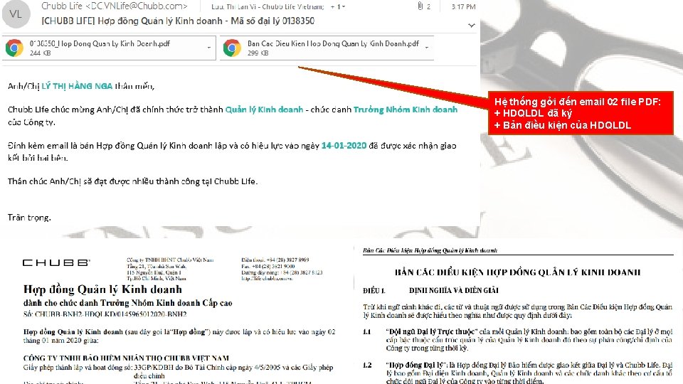 Hệ thống gởi đến email 02 file PDF: + HDQLDL đã ký + Bản