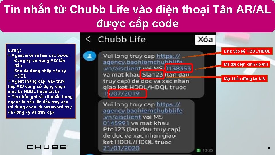 Tin nhắn từ Chubb Life vào điện thoại Tân AR/AL được cấp code Lưu