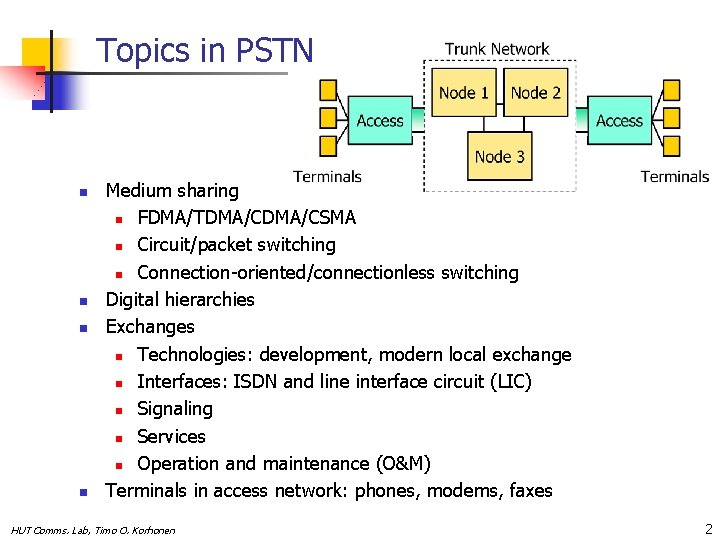 Topics in PSTN n n Medium sharing n FDMA/TDMA/CSMA n Circuit/packet switching n Connection-oriented/connectionless