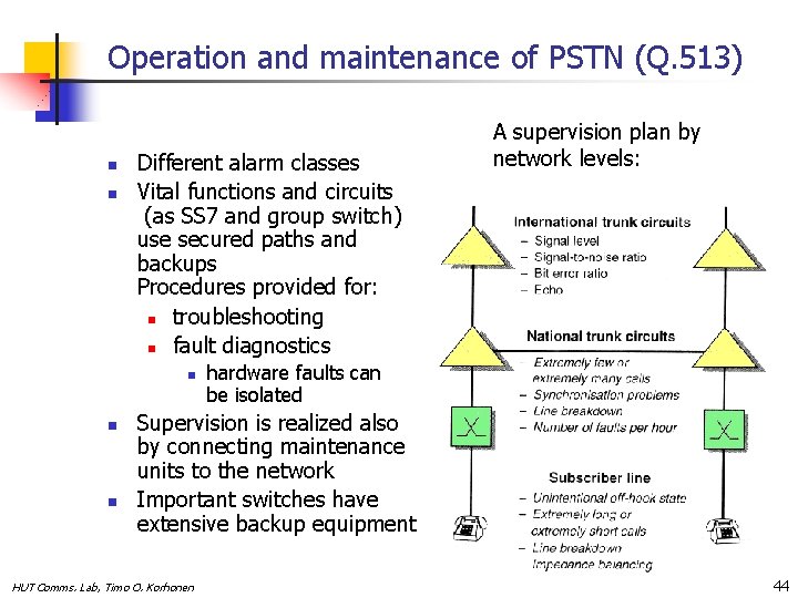 Operation and maintenance of PSTN (Q. 513) n n Different alarm classes Vital functions