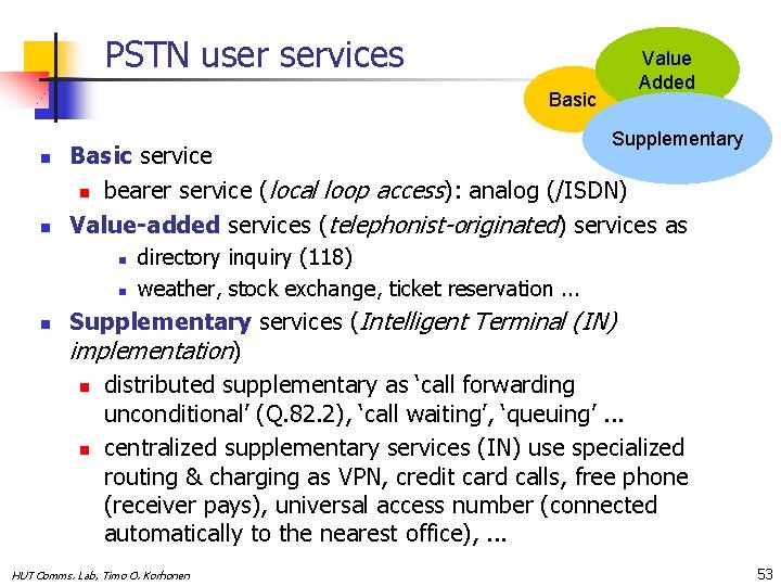 PSTN user services Basic Value Added Supplementary n n Basic service n bearer service