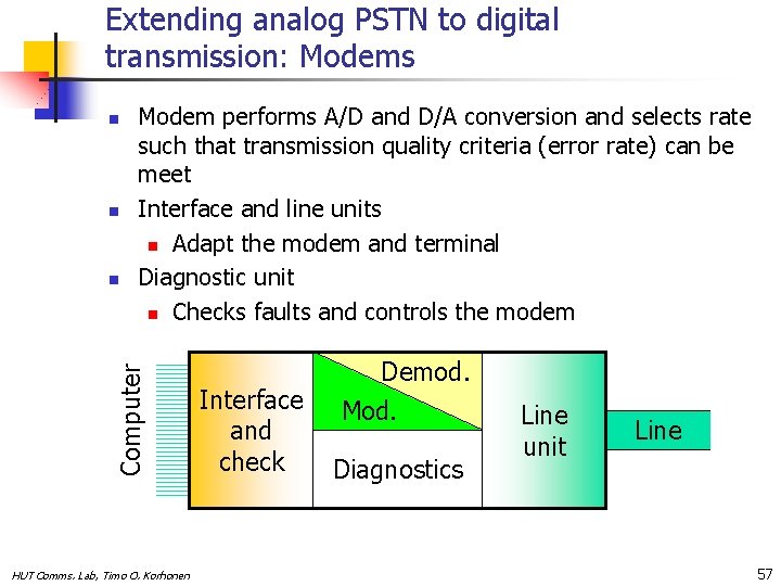 Extending analog PSTN to digital transmission: Modems n n Computer n Modem performs A/D