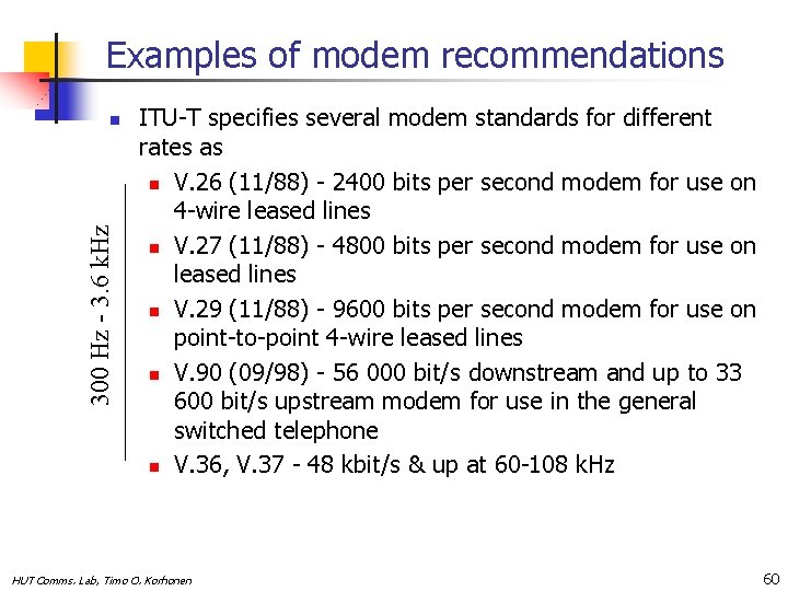 Examples of modem recommendations 300 Hz - 3. 6 k. Hz n ITU-T specifies