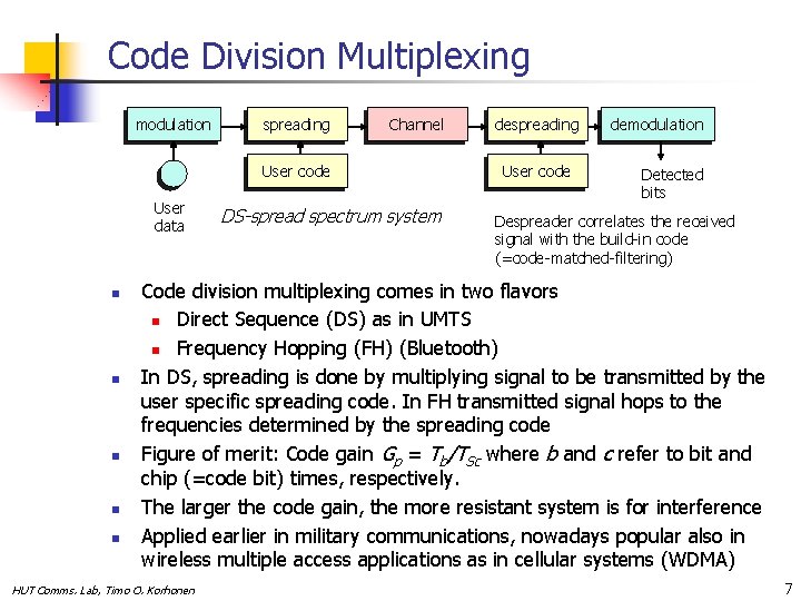 Code Division Multiplexing modulation spreading Channel User code User data n n n DS-spread