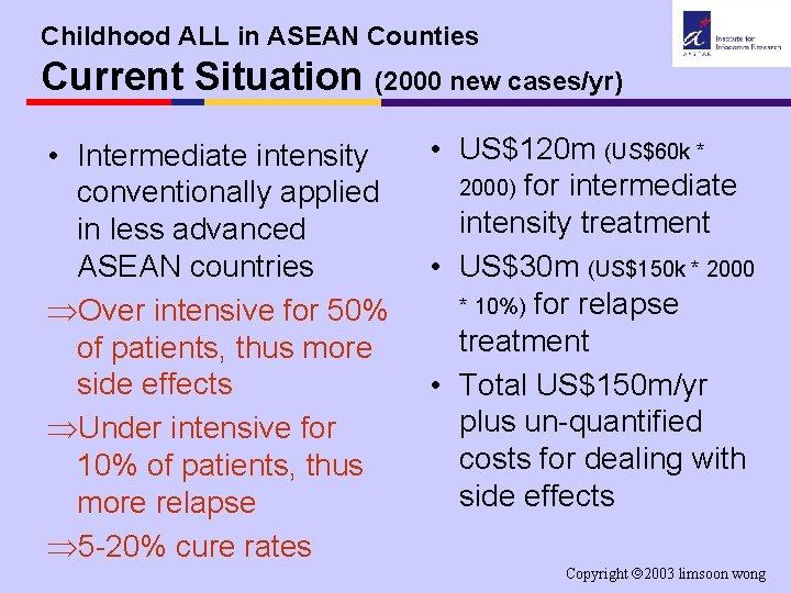 Childhood ALL in ASEAN Counties Current Situation (2000 new cases/yr) • Intermediate intensity conventionally