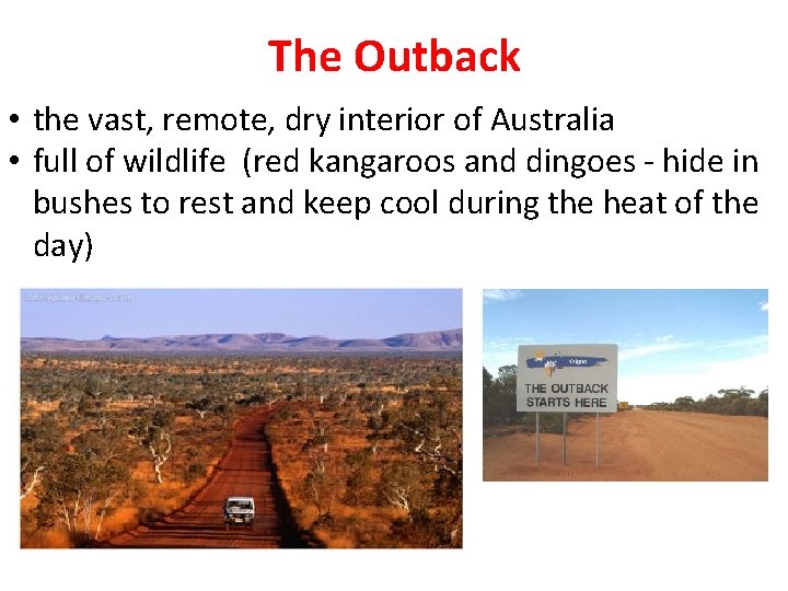 The Outback • the vast, remote, dry interior of Australia • full of wildlife