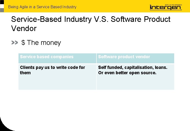 Being Agile in a Service Based Industry Service-Based Industry V. S. Software Product Vendor