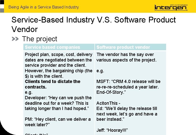 Being Agile in a Service Based Industry Service-Based Industry V. S. Software Product Vendor