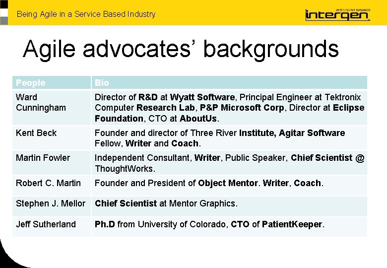Being Agile in a Service Based Industry Agile advocates’ backgrounds People Bio Ward Cunningham