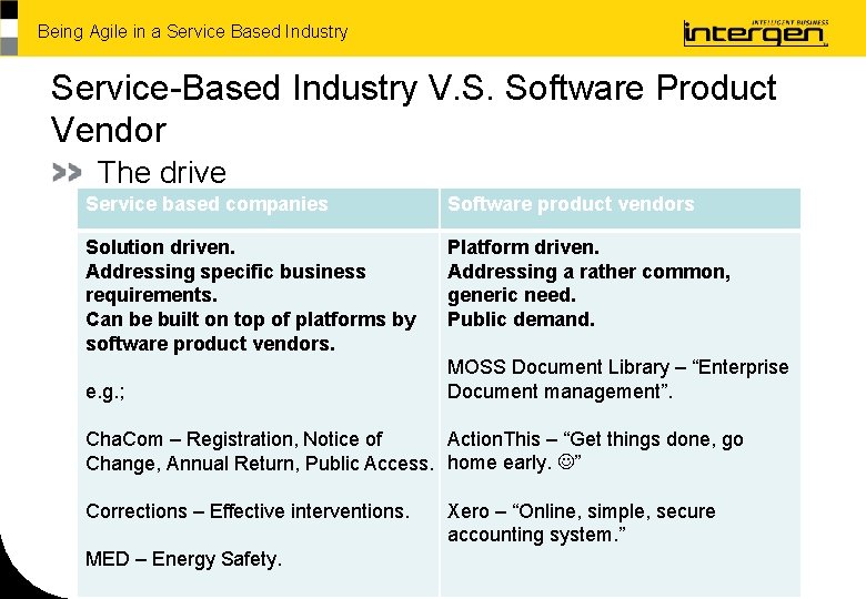 Being Agile in a Service Based Industry Service-Based Industry V. S. Software Product Vendor