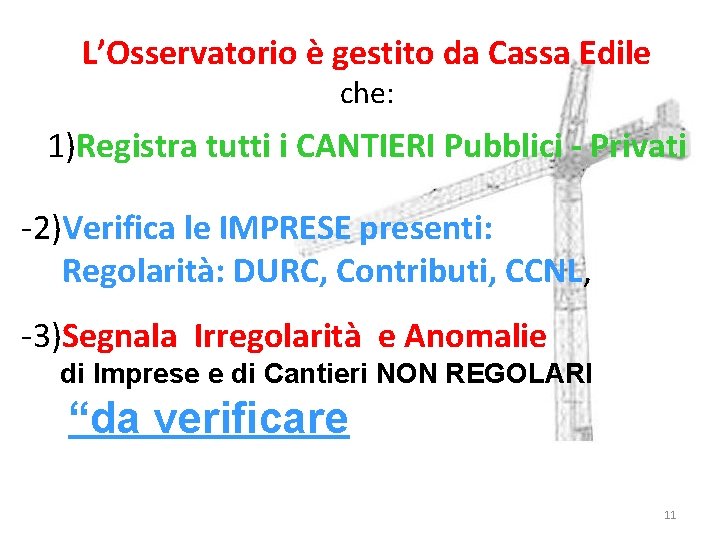 L’Osservatorio è gestito da Cassa Edile che: 1)Registra tutti i CANTIERI Pubblici - Privati