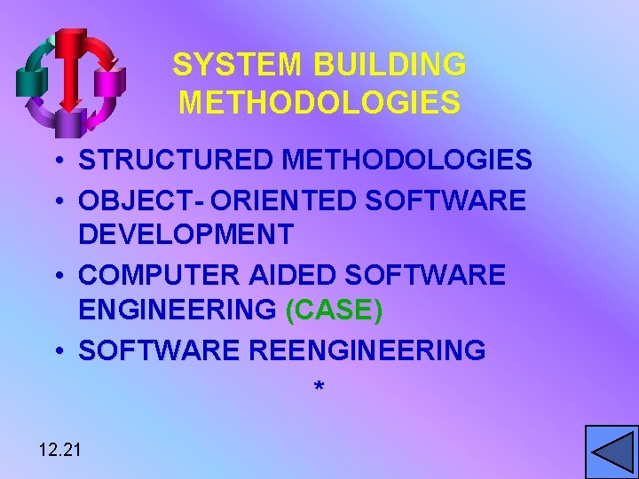 SYSTEM BUILDING METHODOLOGIES • STRUCTURED METHODOLOGIES • OBJECT- ORIENTED SOFTWARE DEVELOPMENT • COMPUTER AIDED