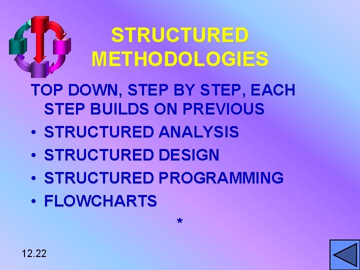 STRUCTURED METHODOLOGIES TOP DOWN, STEP BY STEP, EACH STEP BUILDS ON PREVIOUS • STRUCTURED