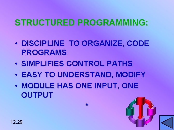 STRUCTURED PROGRAMMING: • DISCIPLINE TO ORGANIZE, CODE PROGRAMS • SIMPLIFIES CONTROL PATHS • EASY
