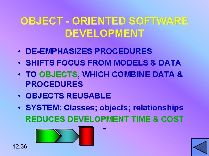 OBJECT - ORIENTED SOFTWARE DEVELOPMENT • • • DE-EMPHASIZES PROCEDURES SHIFTS FOCUS FROM MODELS