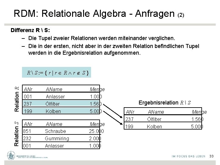 RDM: Relationale Algebra - Anfragen (2) Differenz R  S: – Die Tupel zweier
