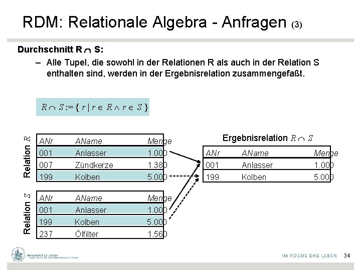 RDM: Relationale Algebra - Anfragen (3) Durchschnitt R S: – Alle Tupel, die sowohl