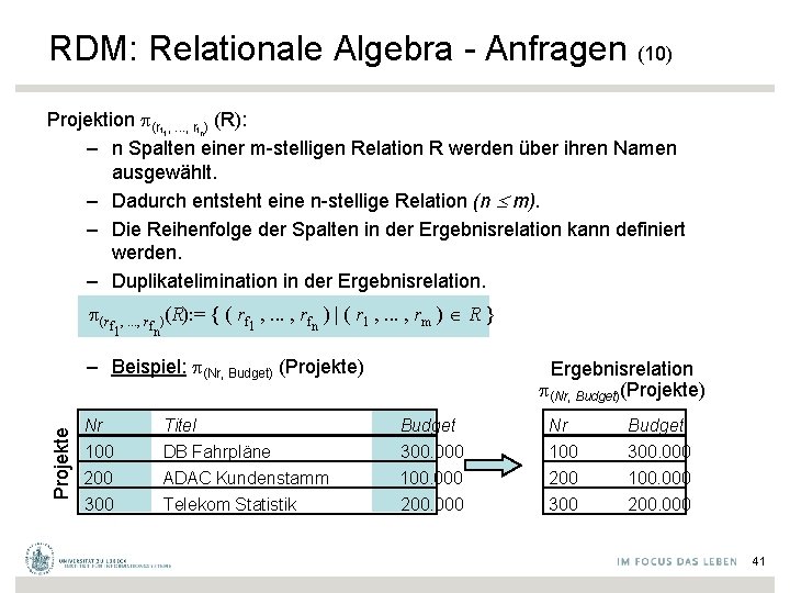 RDM: Relationale Algebra - Anfragen (10) Projektion (rf 1, . . . , rfn)