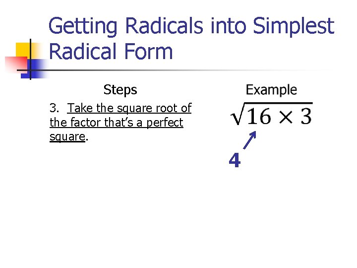 Getting Radicals into Simplest Radical Form Steps 3. Take the square root of the