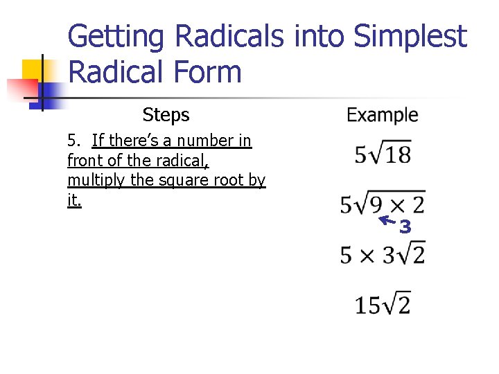 Getting Radicals into Simplest Radical Form Steps 5. If there’s a number in front