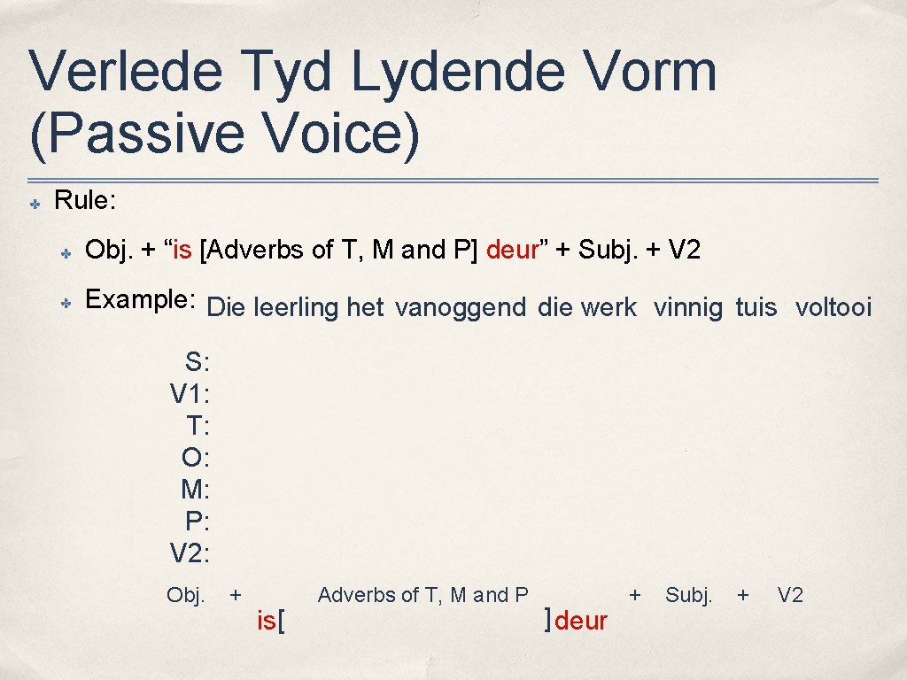 Verlede Tyd Lydende Vorm (Passive Voice) ✤ Rule: ✤ Obj. + “is [Adverbs of