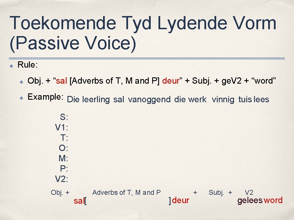 Toekomende Tyd Lydende Vorm (Passive Voice) ✤ Rule: ✤ Obj. + “sal [Adverbs of