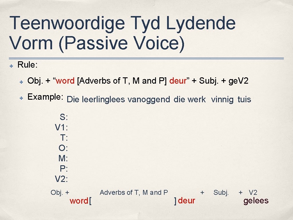 Teenwoordige Tyd Lydende Vorm (Passive Voice) ✤ Rule: ✤ Obj. + “word [Adverbs of