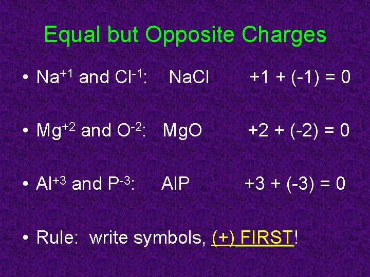 Equal but Opposite Charges • Na+1 and Cl-1: Na. Cl +1 + (-1) =