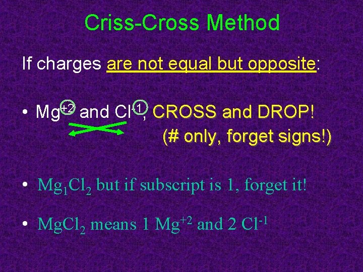 Criss-Cross Method If charges are not equal but opposite: • Mg+2 and Cl-1, CROSS