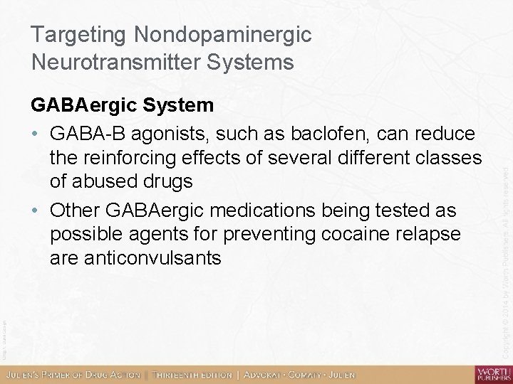 Targeting Nondopaminergic Neurotransmitter Systems GABAergic System • GABA-B agonists, such as baclofen, can reduce