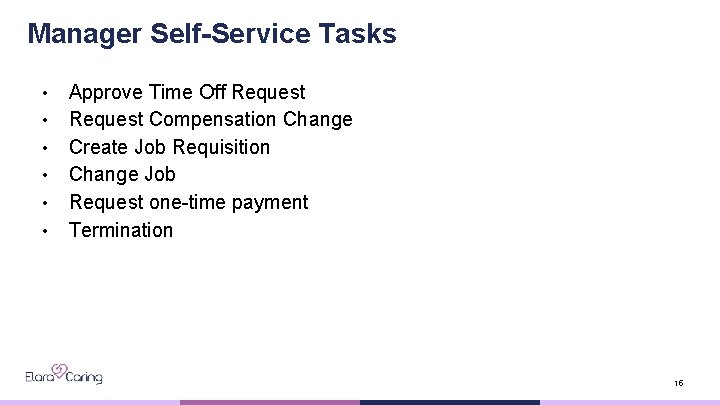 Manager Self-Service Tasks • • • Approve Time Off Request Compensation Change Create Job