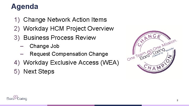 Agenda 1) Change Network Action Items 2) Workday HCM Project Overview 3) Business Process