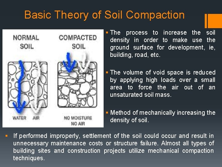 Basic Theory of Soil Compaction § The process to increase the soil density in