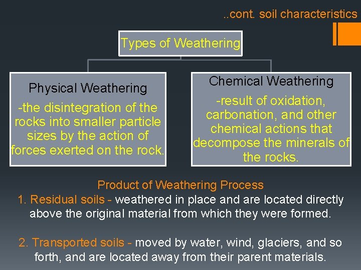 . . cont. soil characteristics Types of Weathering Physical Weathering -the disintegration of the