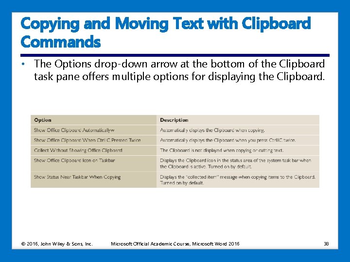 Copying and Moving Text with Clipboard Commands • The Options drop-down arrow at the