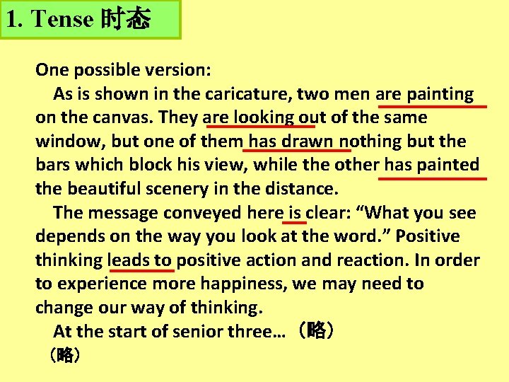 1. Tense 时态 One possible version: As is shown in the caricature, two men